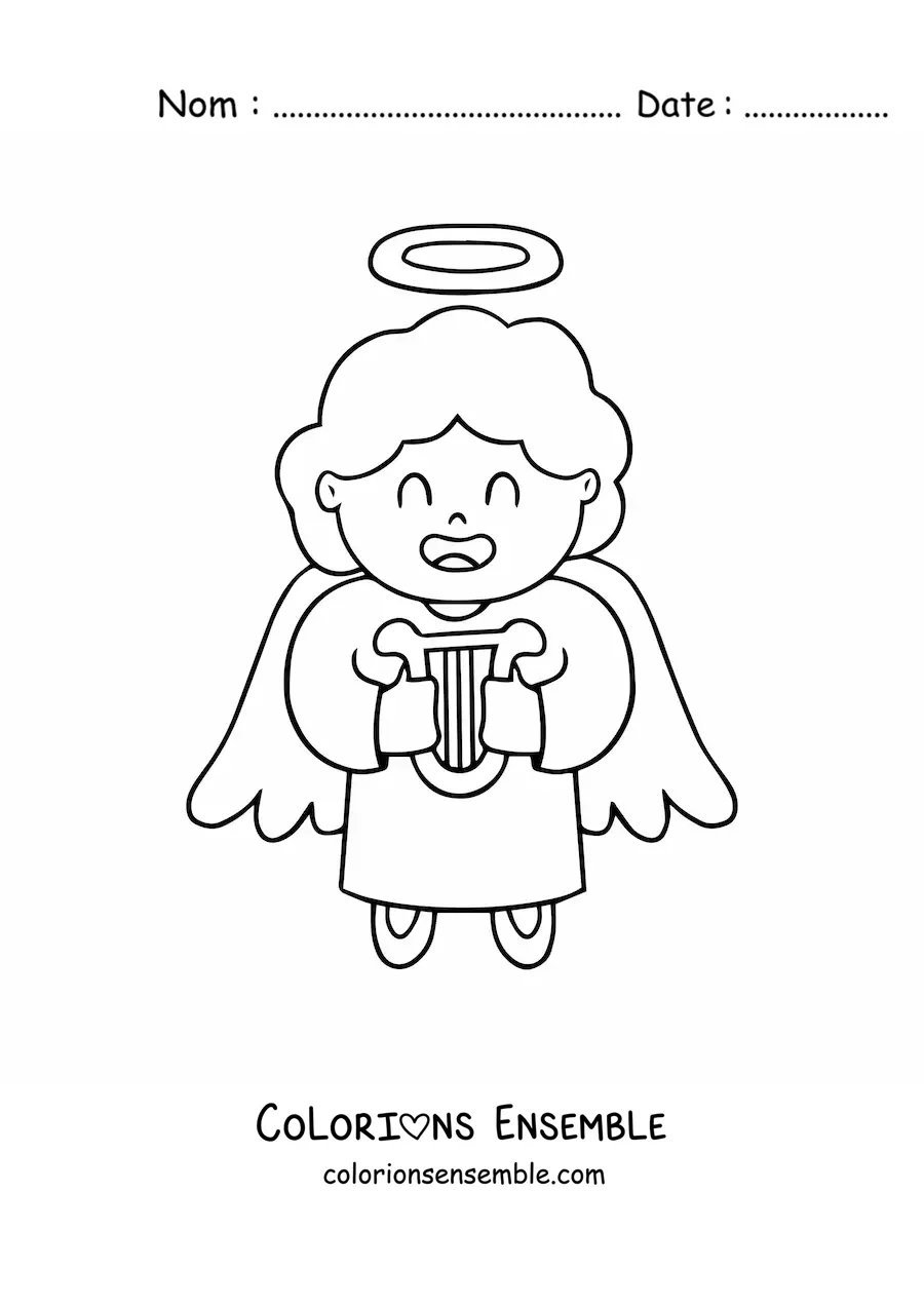 Image à colorier d'un ange animé avec une harpe