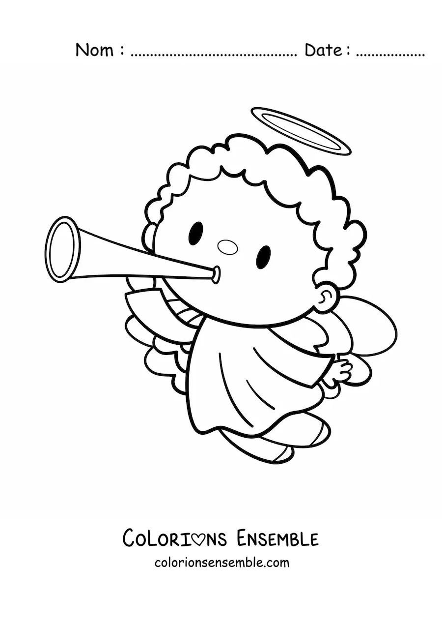 Image à colorier d'un ange animé volant avec une trompette