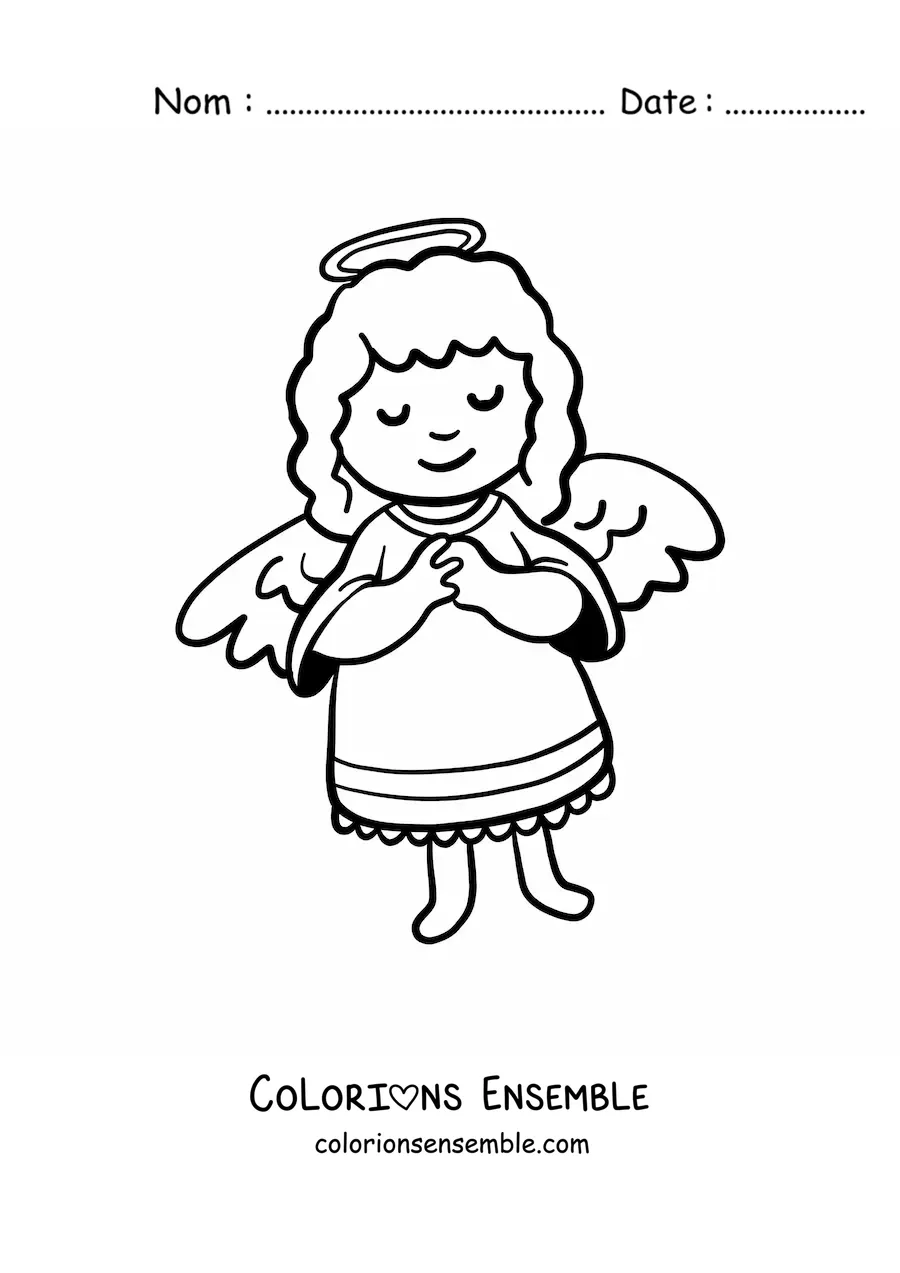 Image à colorier d'un ange animé en prière aux ailes déployées