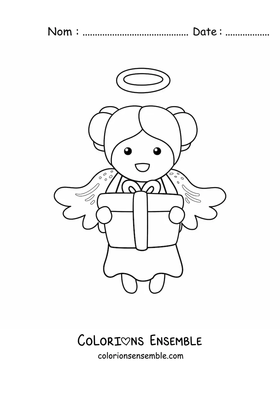 Image à colorier d'une fille ange de Noël avec un cadeau