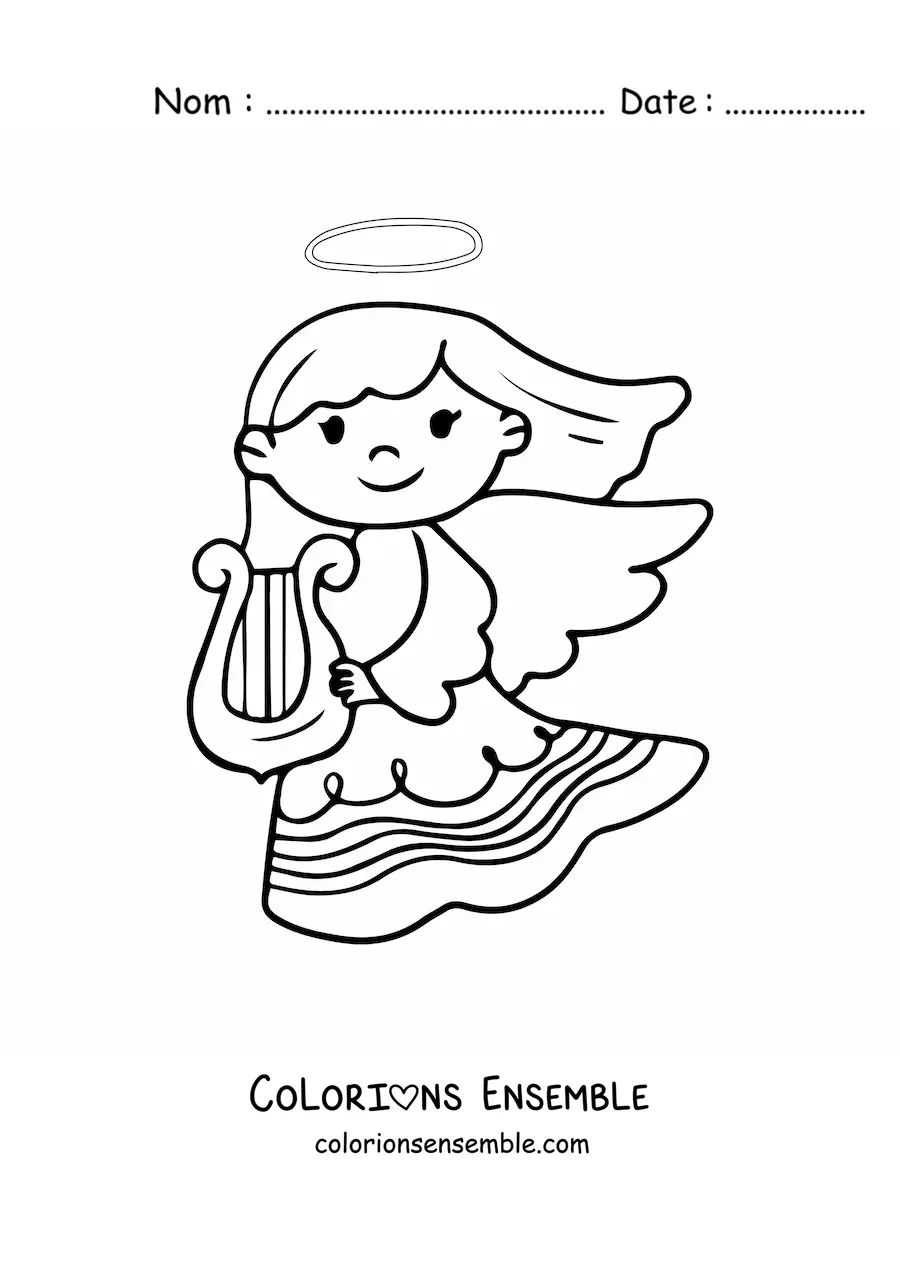 Image à colorier d'une fille ange avec une harpe