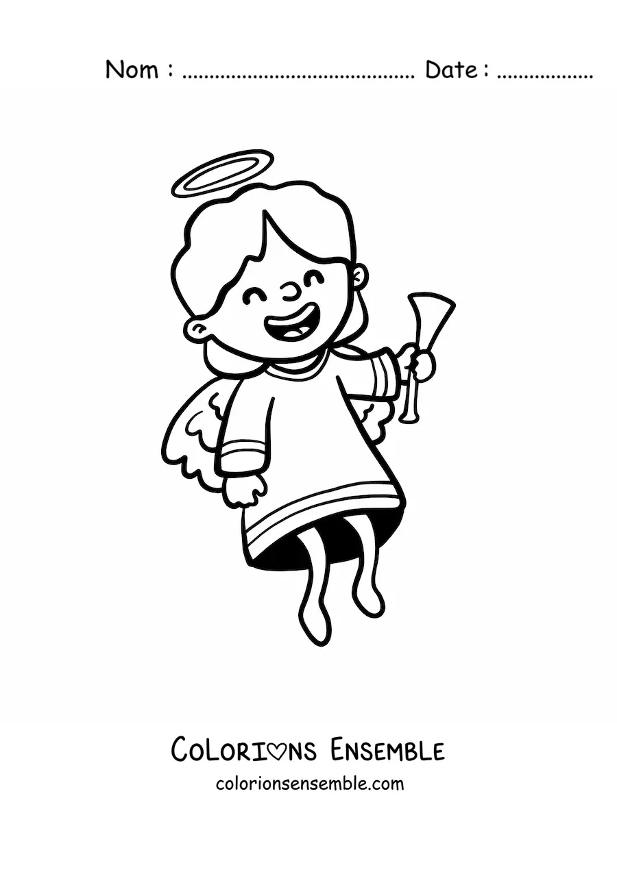 Image à colorier d'un ange heureux animé avec une trompette