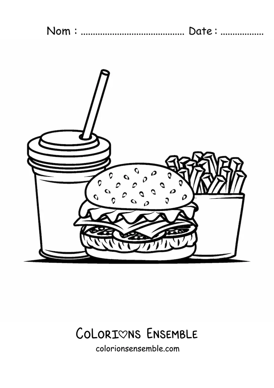Image à colorier d'un hamburger avec un soda et des frites
