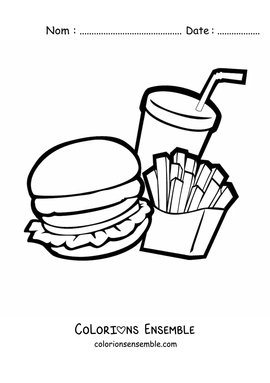 Image à colorier d'un hamburger avec des frites et un soda animés
