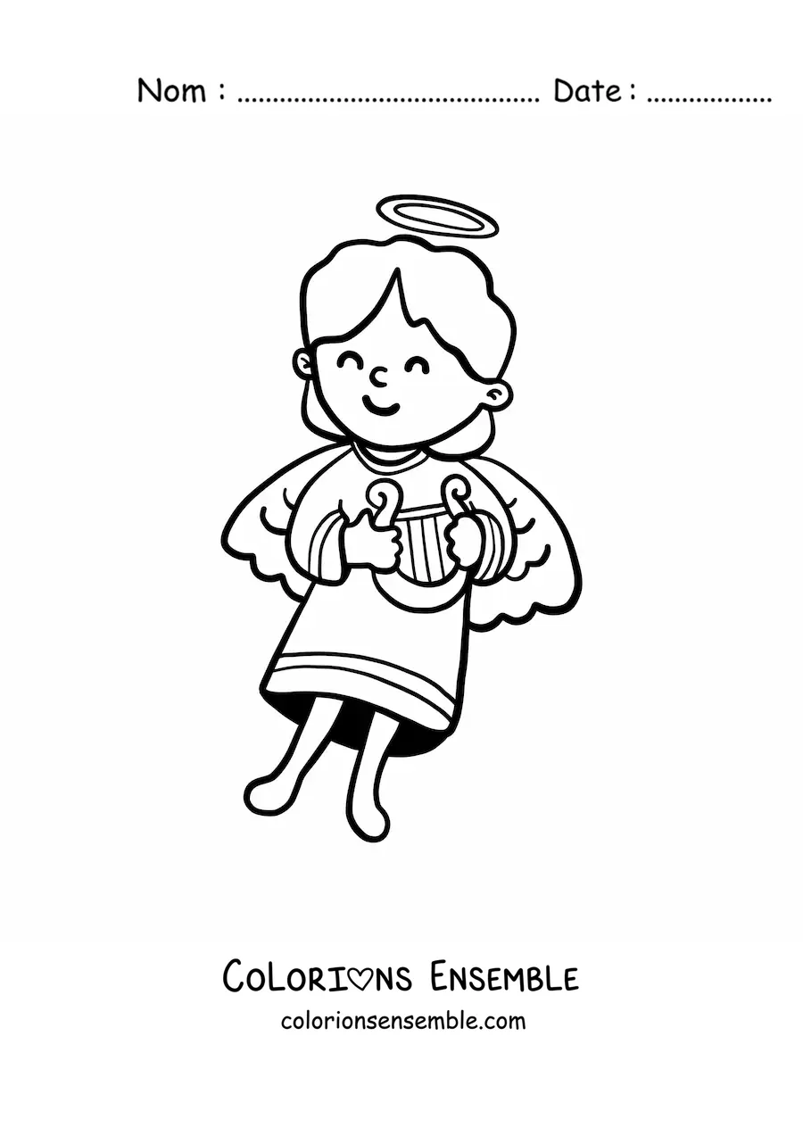 Image à colorier d'une fille ange animée avec une harpe