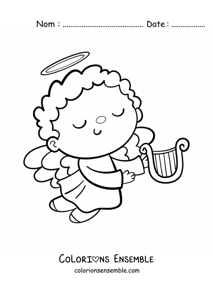 Coloriage d'un petit garçon ange en dessin animé qui vole avec une harpe