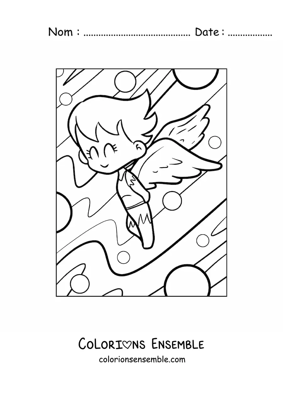 Image à colorier d'un dessin d'ange volant dans le ciel
