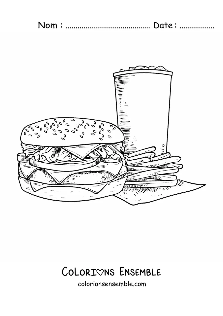 Image à colorier d'un hamburger avec des frites et un soda réaliste