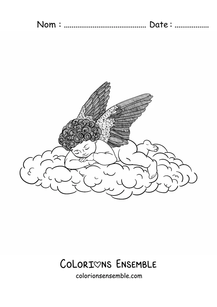Image à colorier d'un bébé ange dormant dans le ciel
