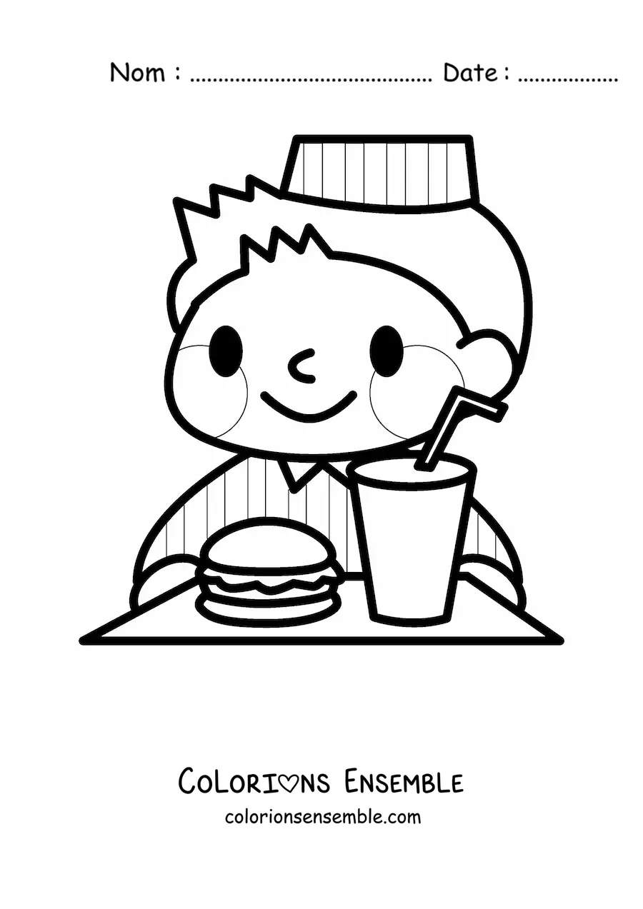 Image à colorier d'un employé d'une chaîne de hamburgers avec un hamburger et un soda