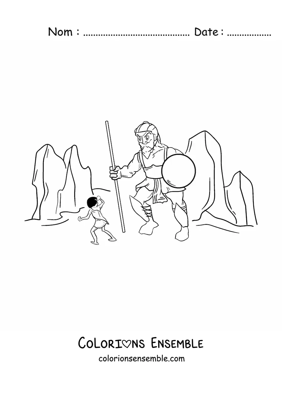 Image à colorier d'un homme combattant un géant