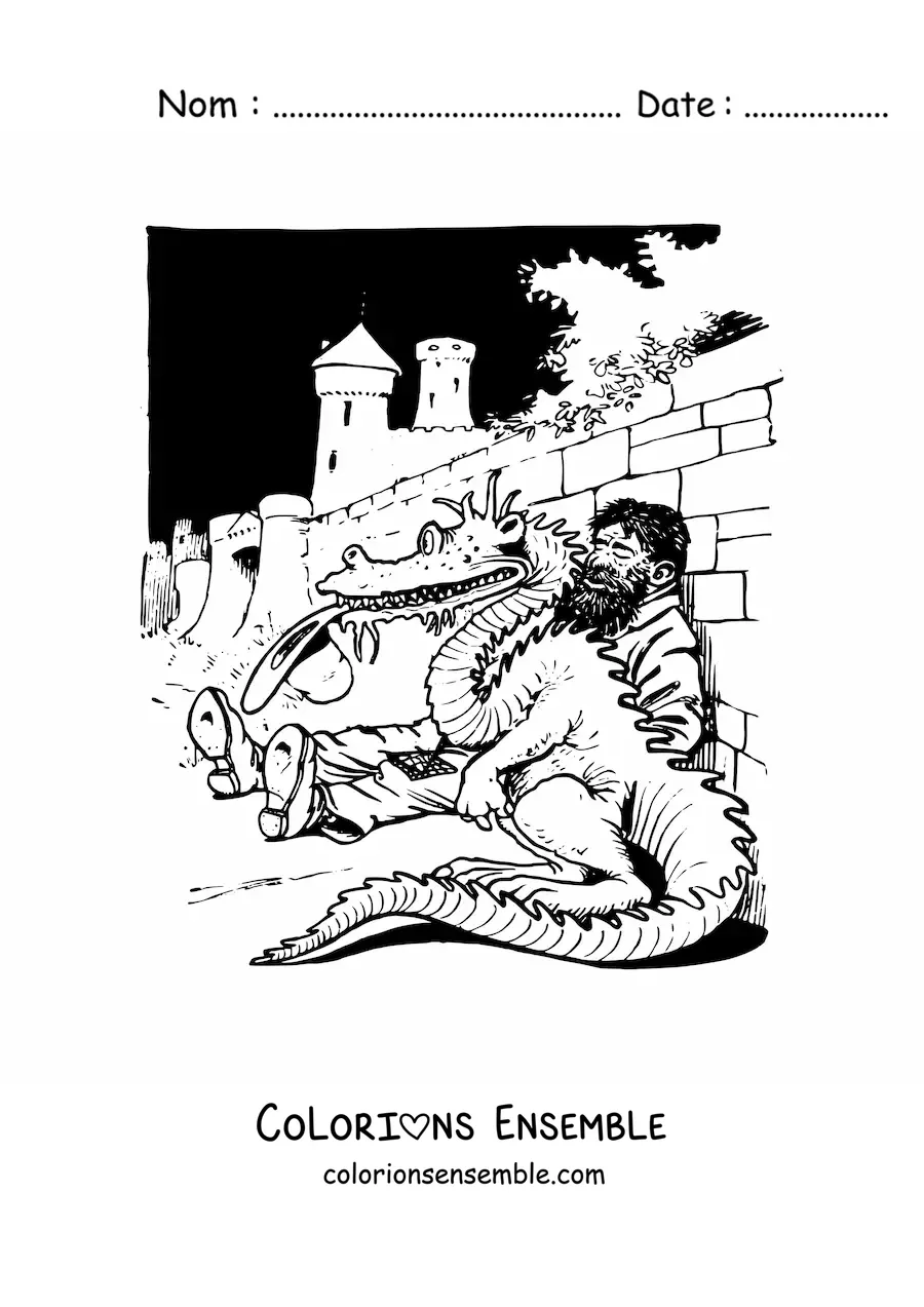 Image à colorier d'un géant endormi auprès d'un dragon