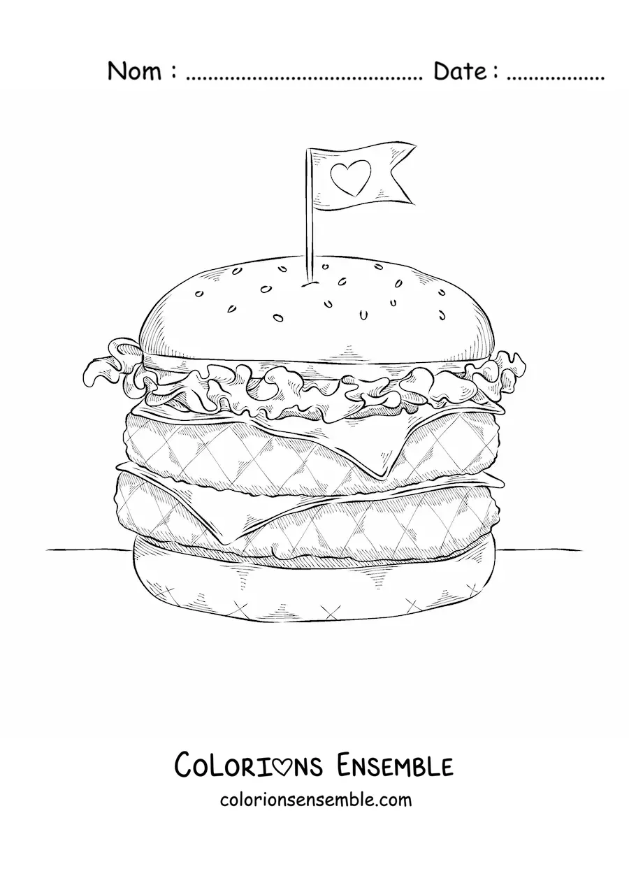 Image à colorier d'un hamburger double avec un petit drapeau en forme de cœur