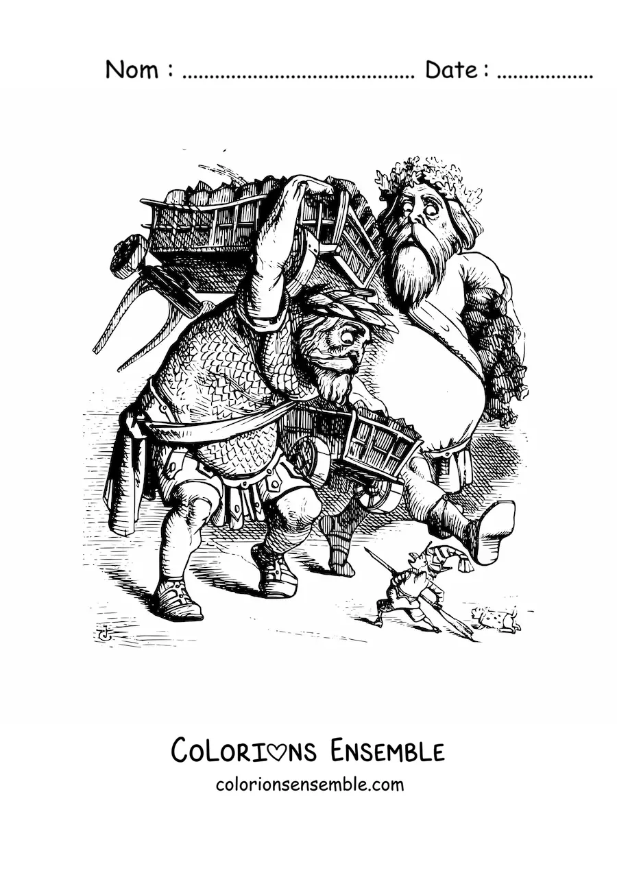 Image à colorier de géants marchant aux côtés d'un homme
