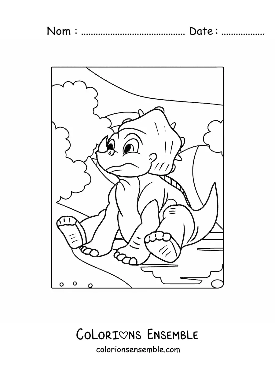 Image à colorier d'un bébé tricératops triste assis