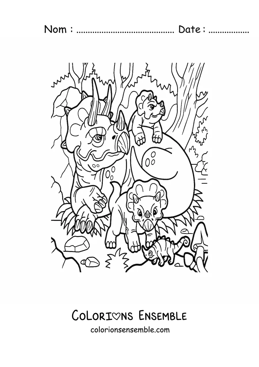 Image à colorier d'une maman tricératops avec ses bébés dans la jungle