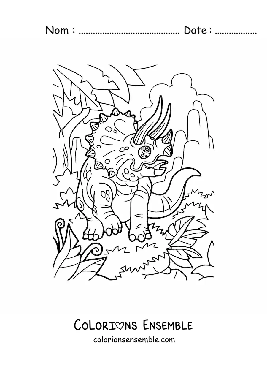 Image à colorier d'un tricératops dans son habitat