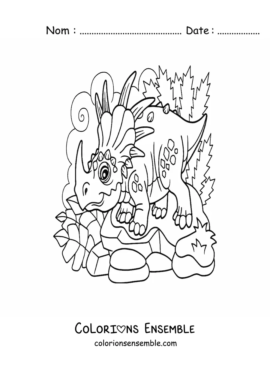 Image à colorier d'une espèce semblable au tricératops avec une seule corne