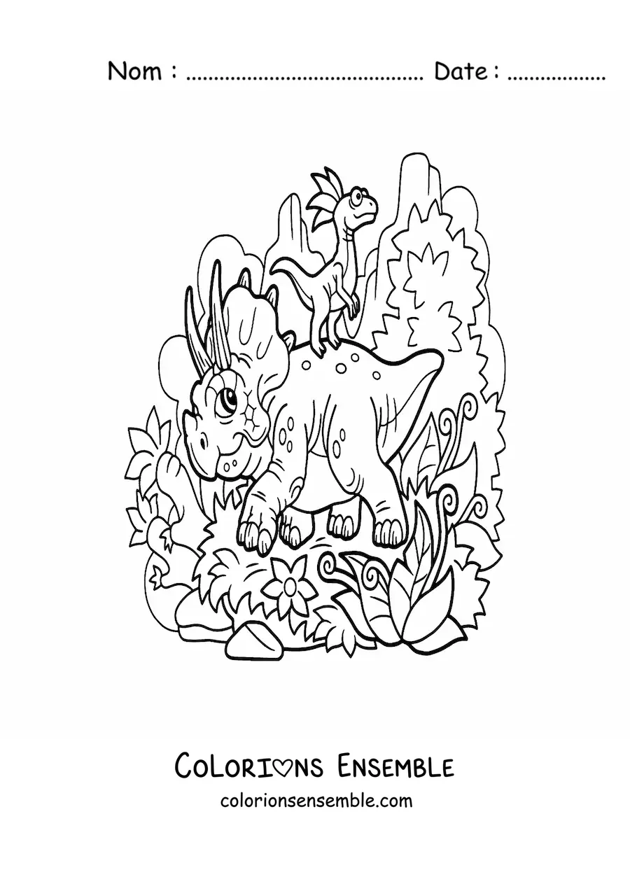 Image à colorier d'un tricératops avec un ami dans son habitat