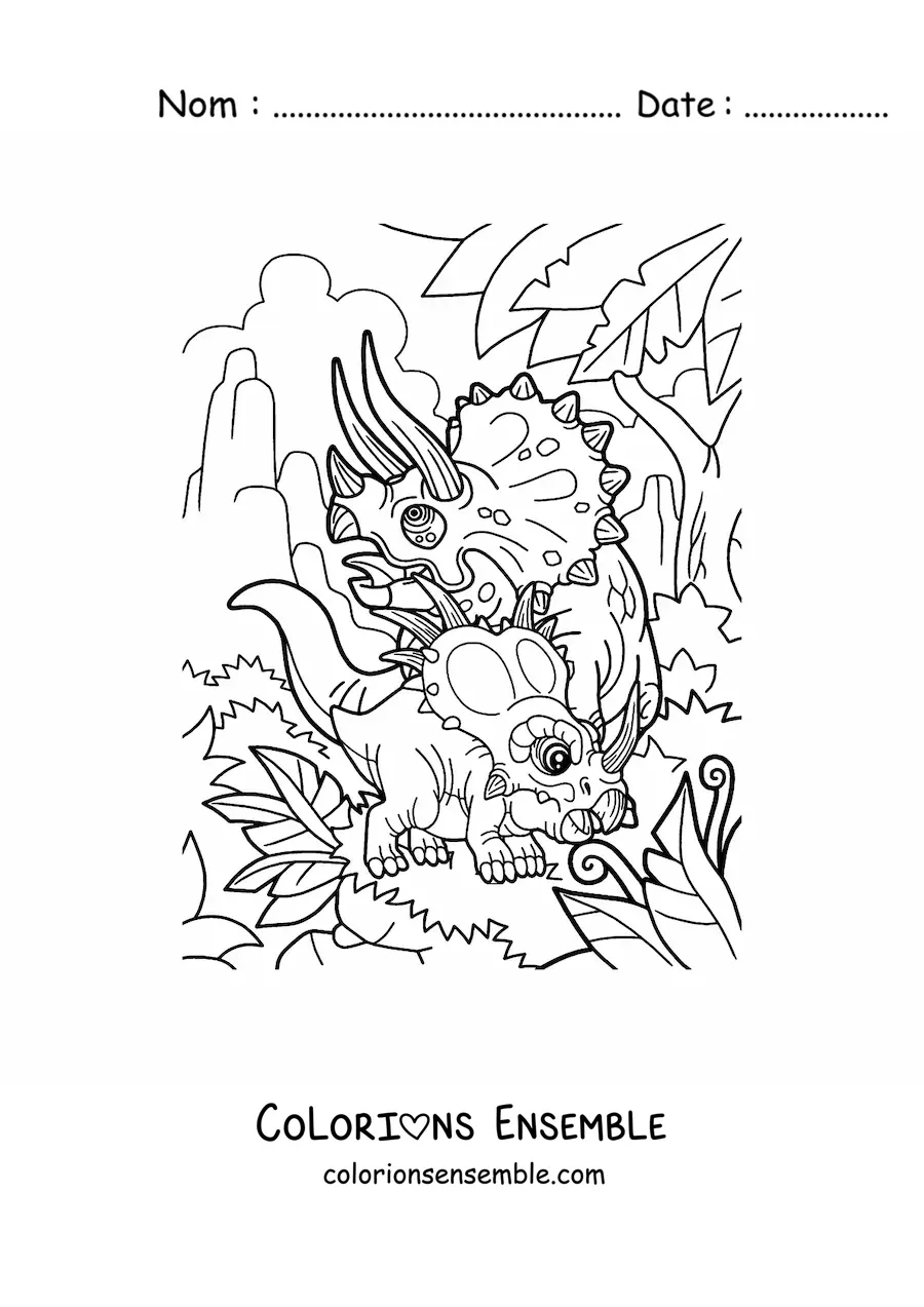 Image à colorier d'un tricératops avec un bébé cératopsien