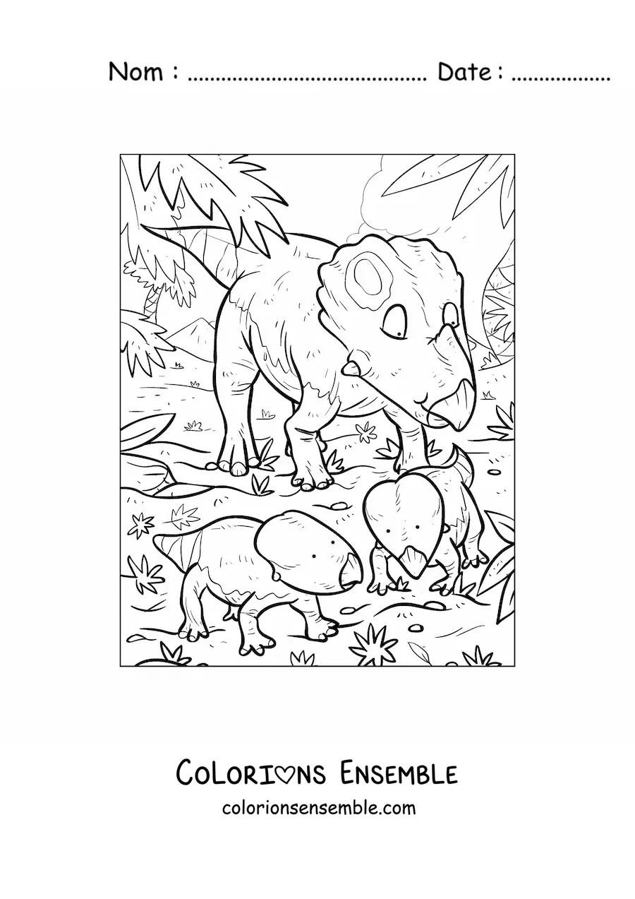 Image à colorier d'un cératopsien semblable au tricératops avec ses bébés