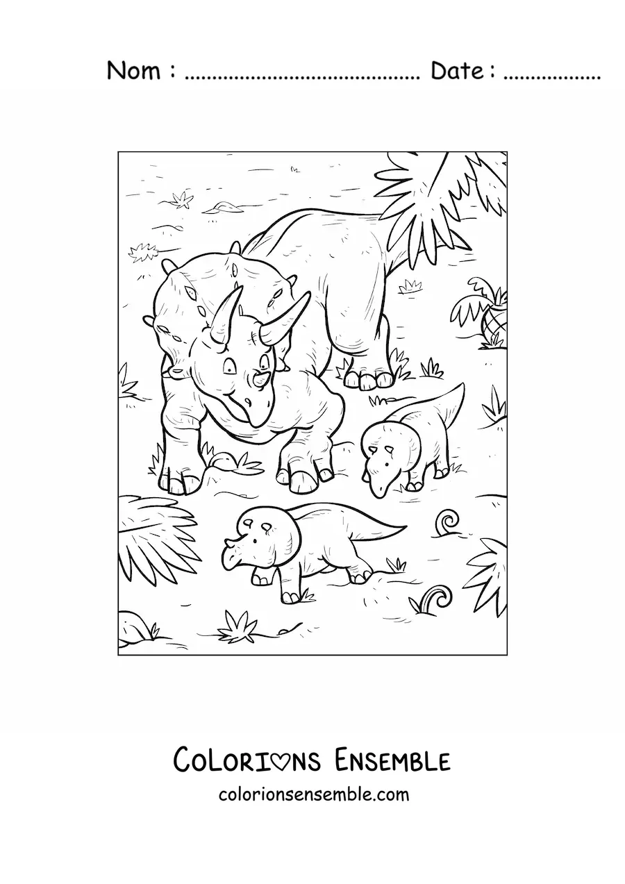 Image à colorier d'un tricératops avec ses bébés dans son habitat naturel