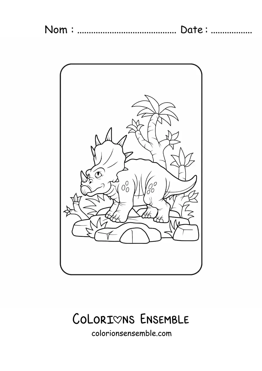 Image à colorier d'un tricératops animé dans son habitat