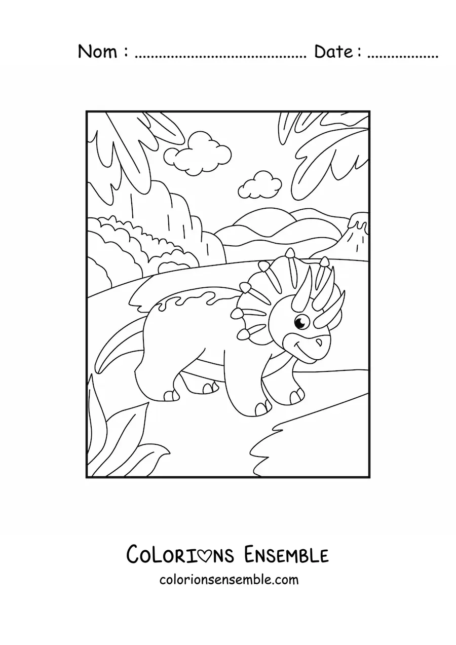 Image à colorier d'un tricératops en dessin animé dans son habitat