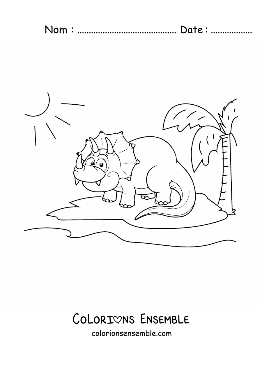 Image à colorier d'un tricératops animé souriant dans son habitat