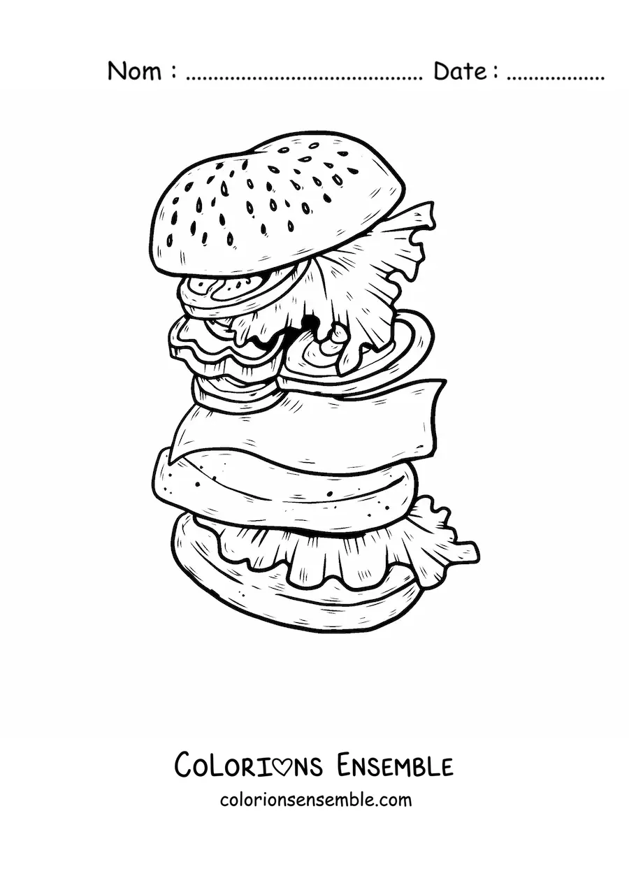 Image à colorier d'un hamburger déconstruit avec de la laitue, de la tomate, du fromage et de la viande