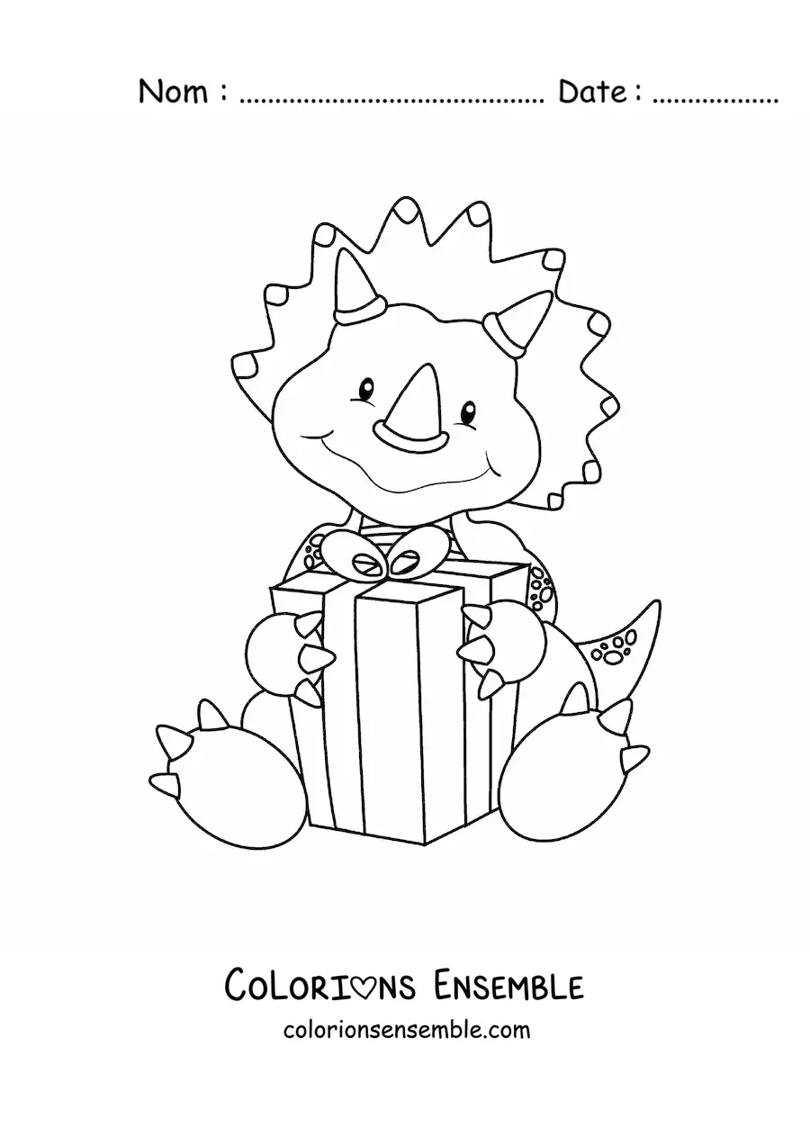 Image à colorier d'un tendre tricératops animé avec un cadeau