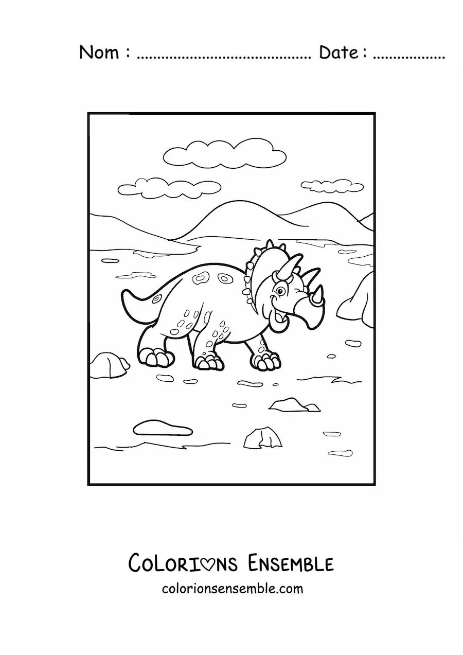 Image à colorier d'un tricératops animé marchant dans son habitat