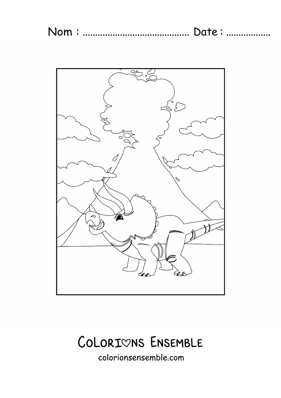 Image à colorier d'un tricératops devant un volcan