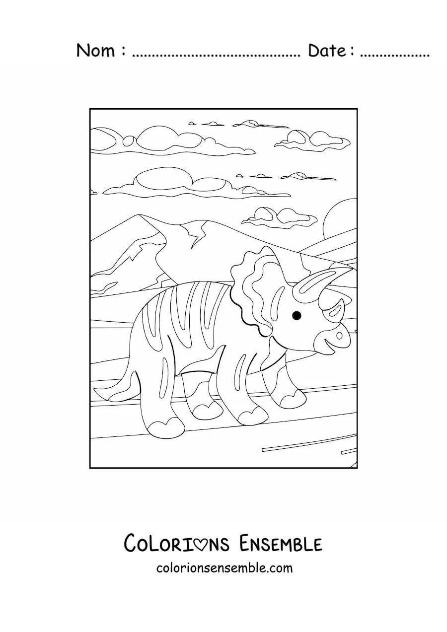 Image à colorier d'un tendre tricératops dans son habitat