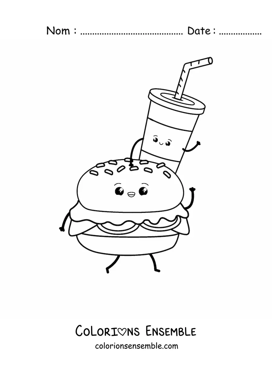 Image à colorier d'un hamburger qui marche avec un soda posé dessus, animé