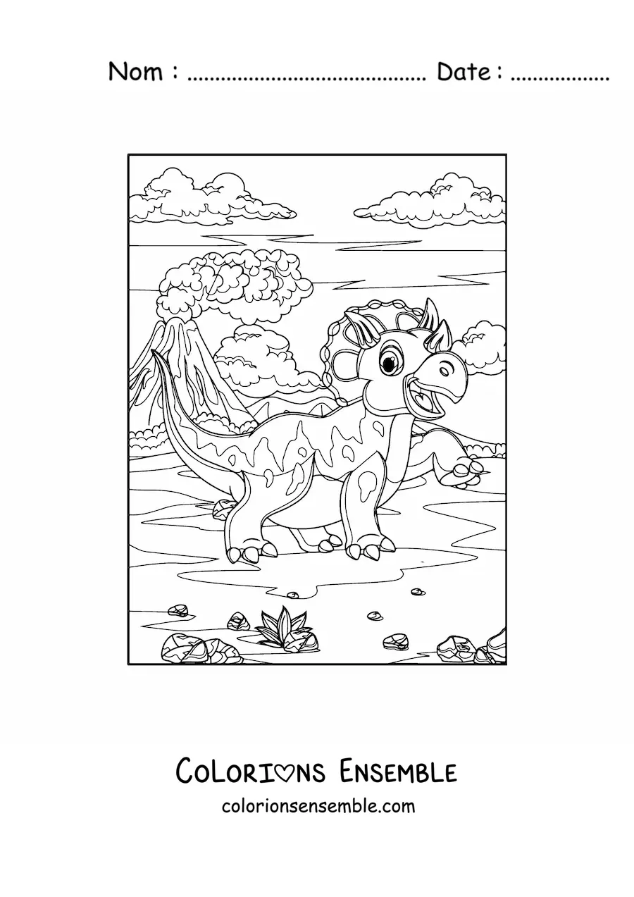Image à colorier d'un tricératops animé souriant