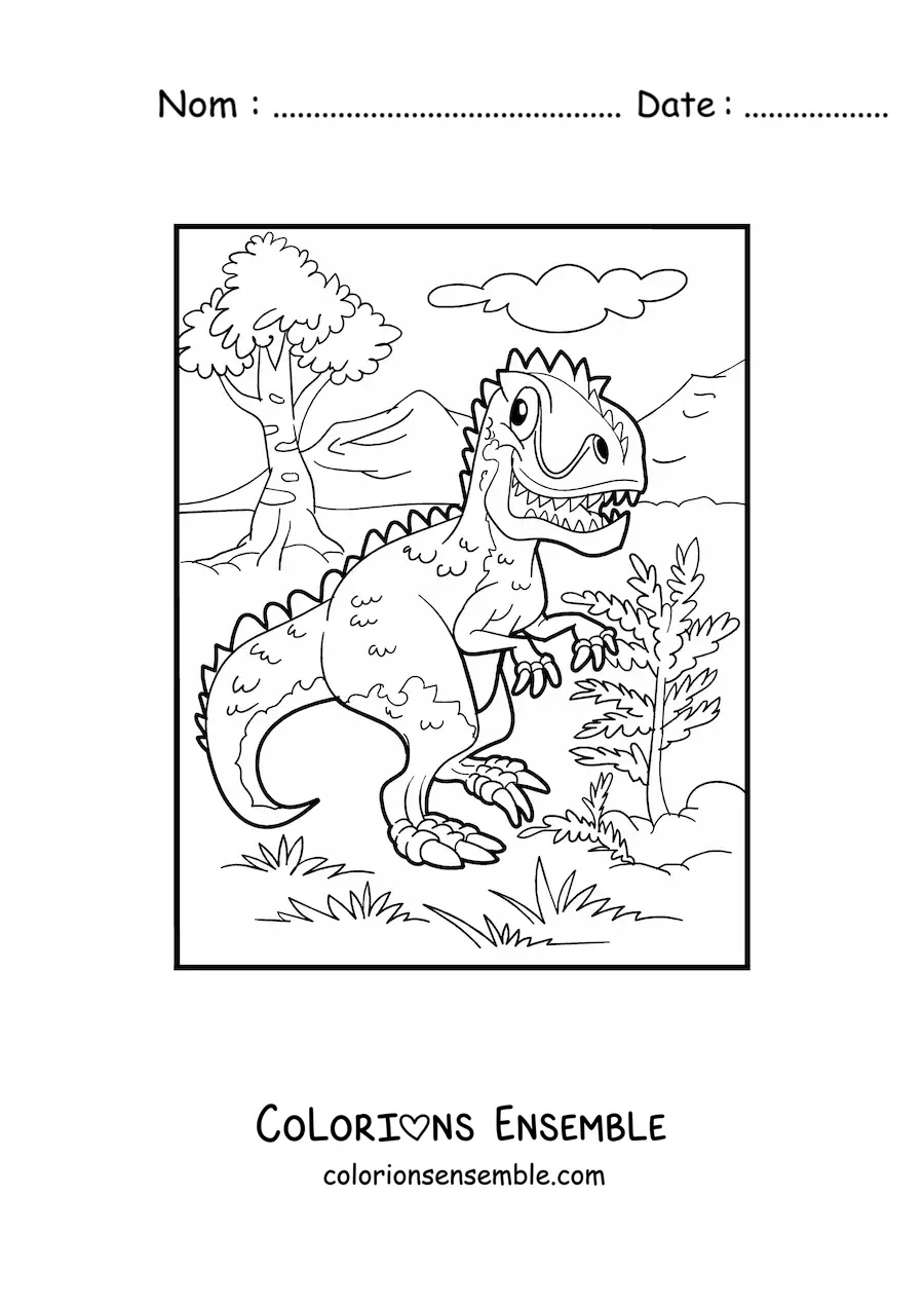 Image à colorier d'un grand tyrannosaure rex animé dans son habitat