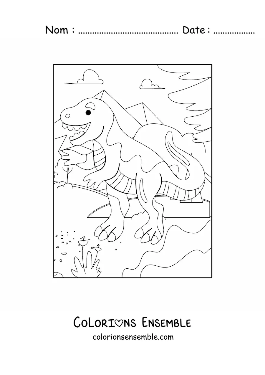 Image à colorier d'un grand T-Rex en dessin animé dans son habitat