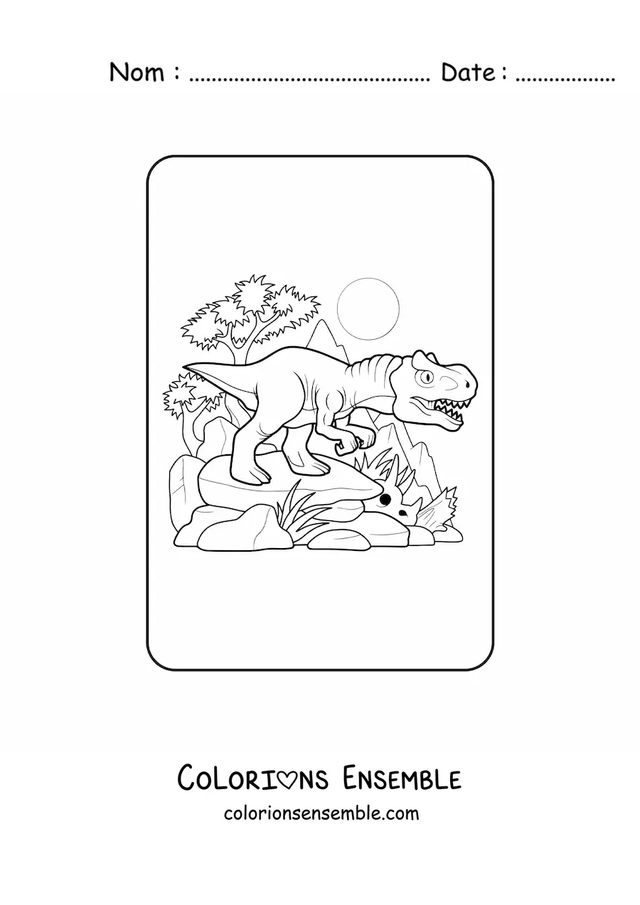 Image à colorier d'un tyrannosaure rex en dessin animé dans son habitat