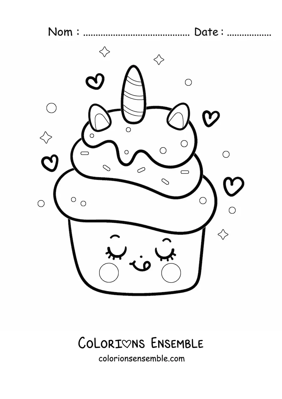 Image à colorier d'un cupcake licorne kawaii avec des cœurs