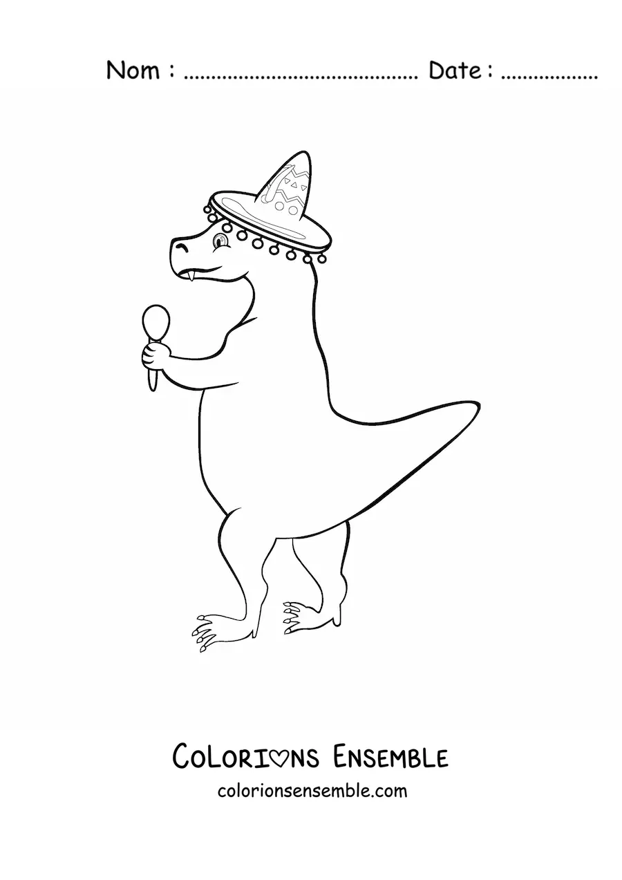 Image à colorier d'un tyrannosaure rex en dessin animé avec un sombrero mexicain