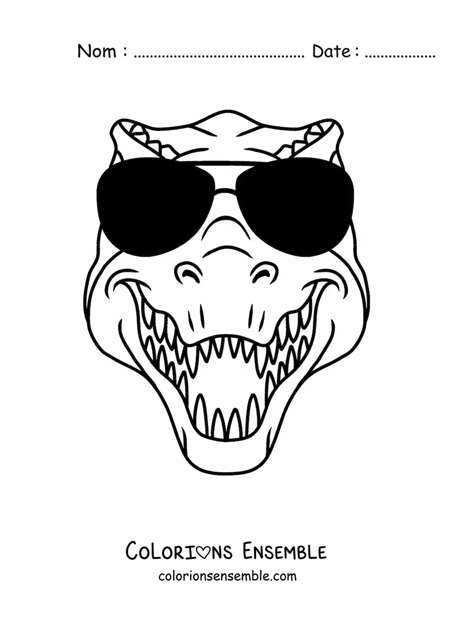 Image à colorier d'une tête de tyrannosaure rex avec des lunettes