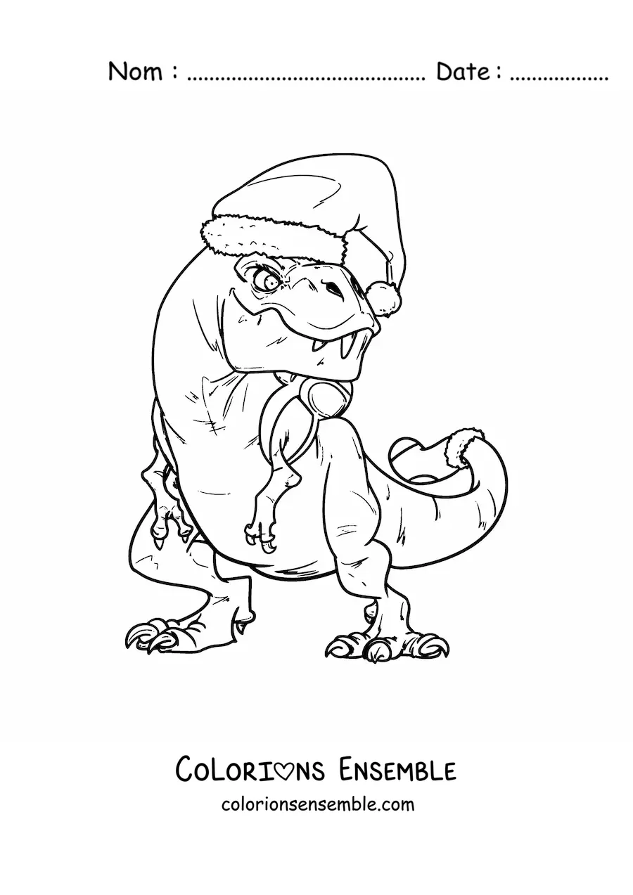 Image à colorier d'un tyrannosaure rex avec un bonnet de Noël