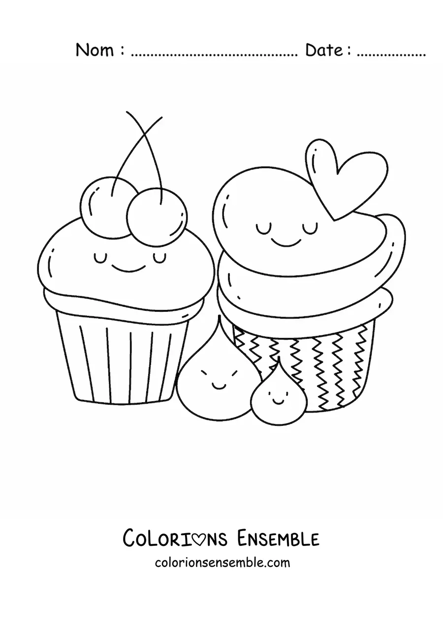 Image à colorier de deux cupcakes kawaii avec des cerises et un cœur