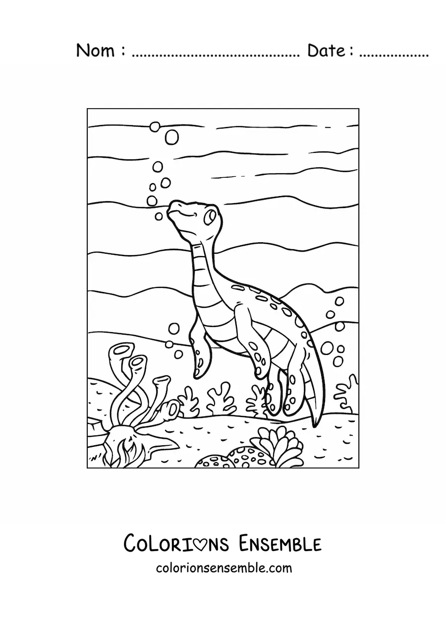 Image à colorier d'un bébé hydrothérosaure en dessin animé dans son habitat