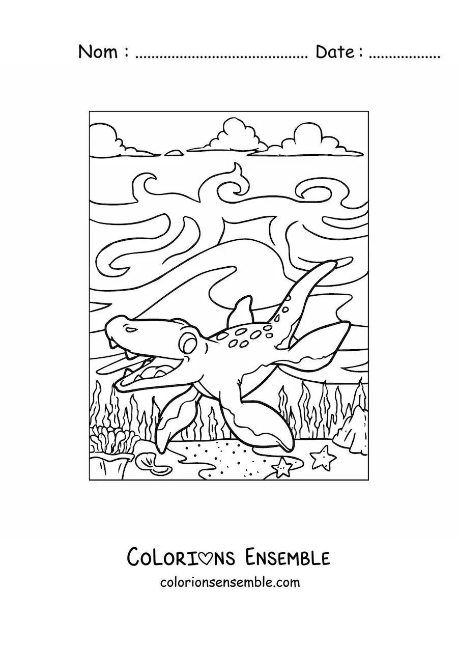 Image à colorier d'un bébé dinosaure aquatique en dessin animé dans son habitat