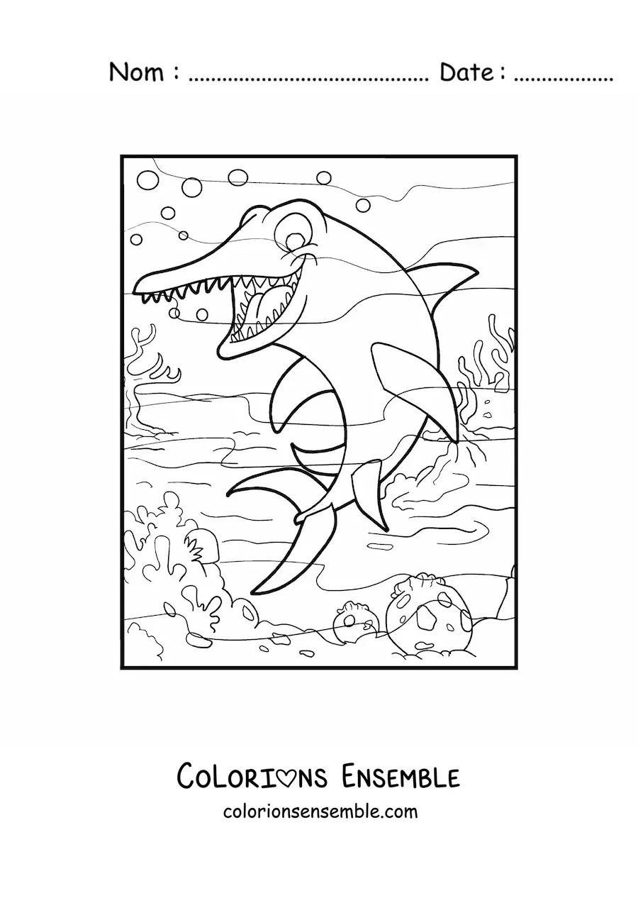 Image à colorier d'un dinosaure aquatique en dessin animé dans son habitat