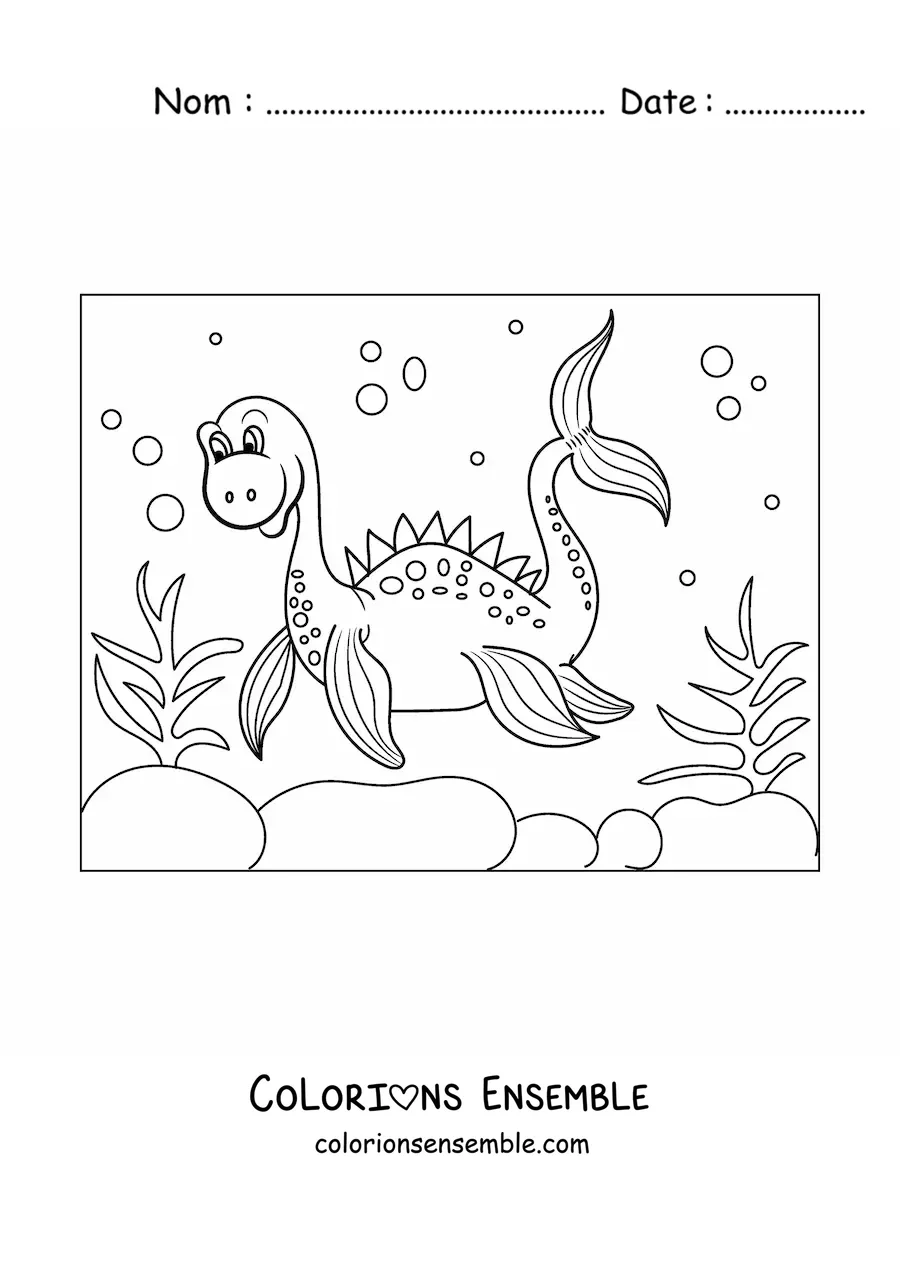 Image à colorier d'un dinosaure marin en dessin animé dans la mer