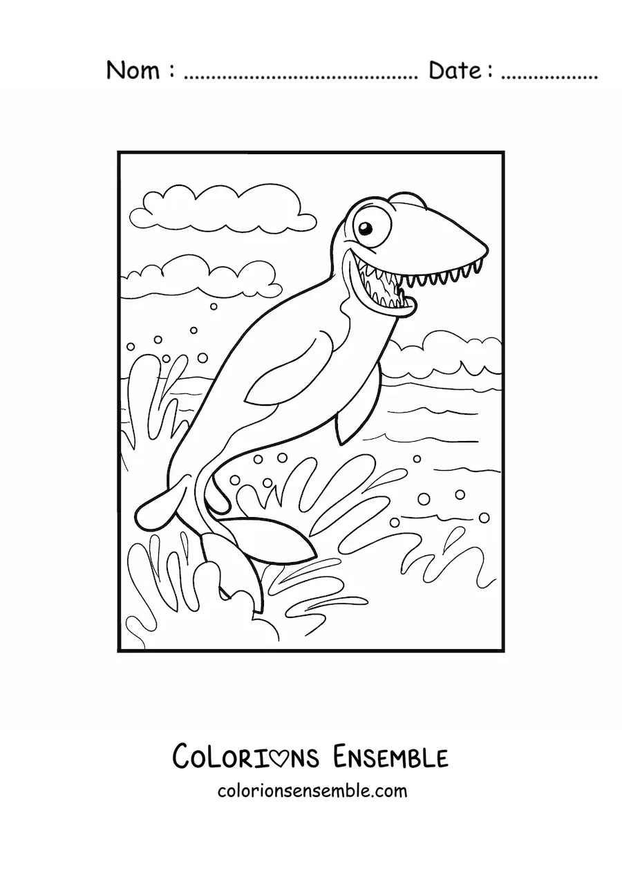 Image à colorier d'un dinosaure marin en dessin animé en train de nager