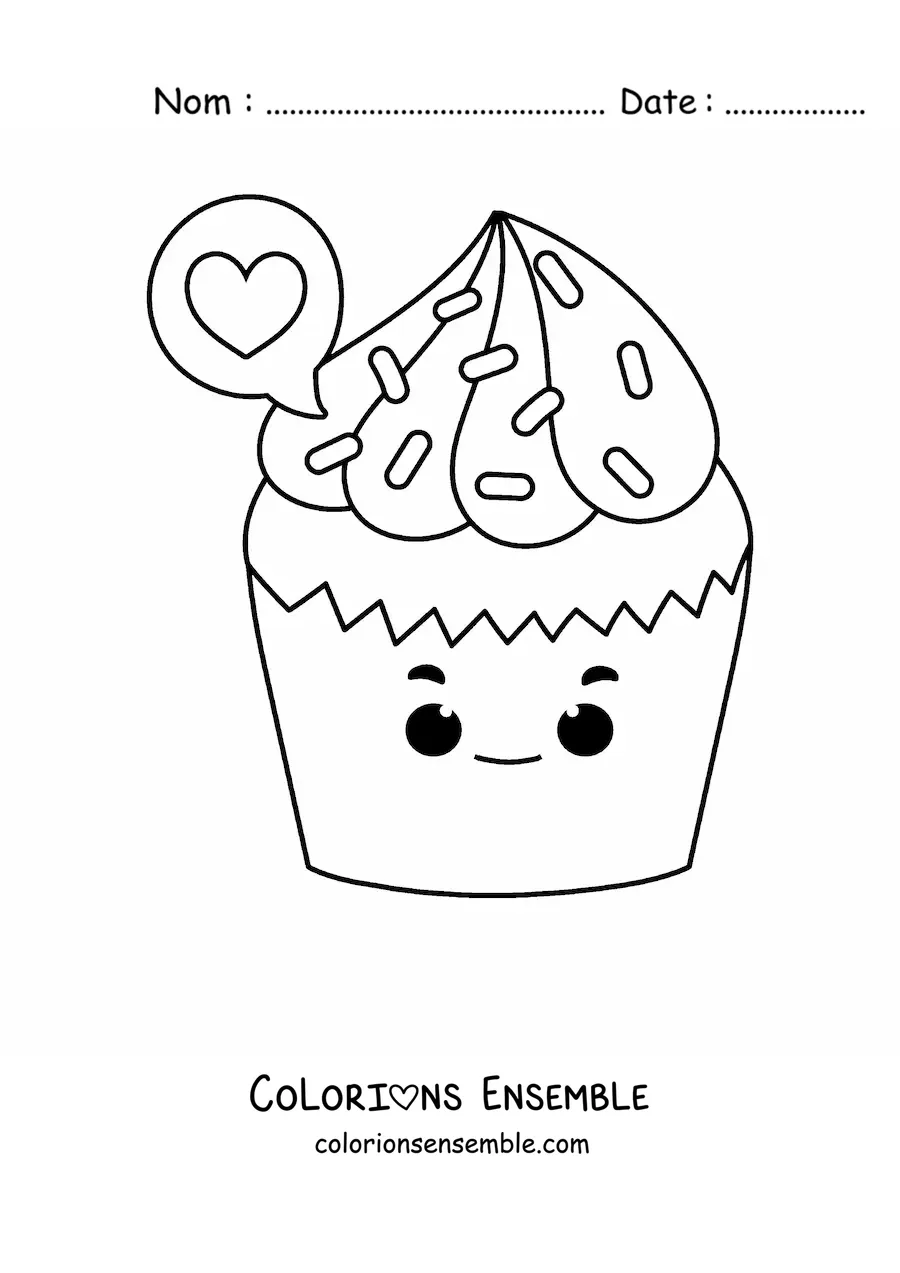 Image à colorier d'un cupcake kawaii avec un cœur
